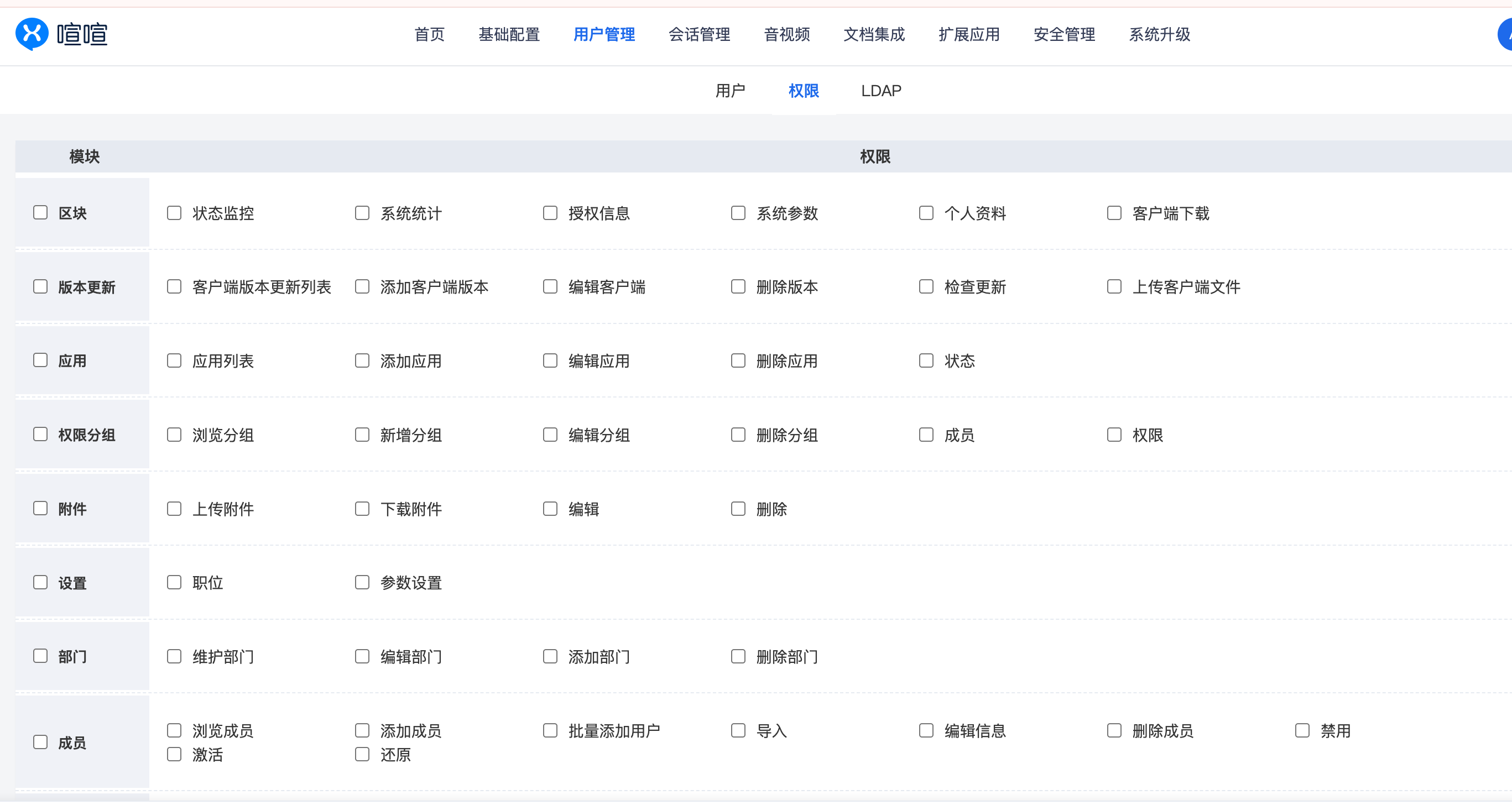 喧喧后台模块、成员、附件与部门细粒度权限配置矩阵